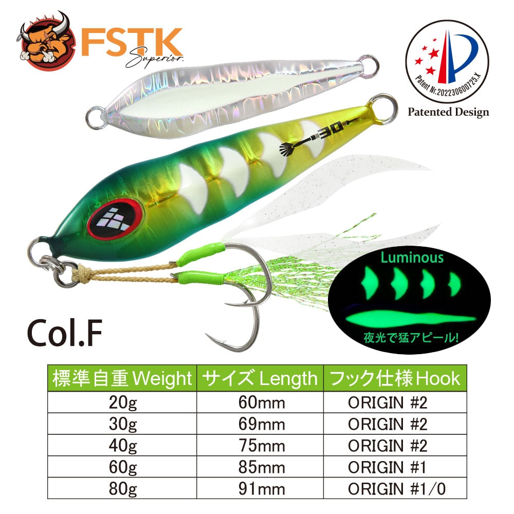 FSTK patent Sea fishing Slow pitch Jig 30g40g60g80g Grouper killer Metal Jigging Dart jig Spoon Artificial Bait Jig Fishing Lure