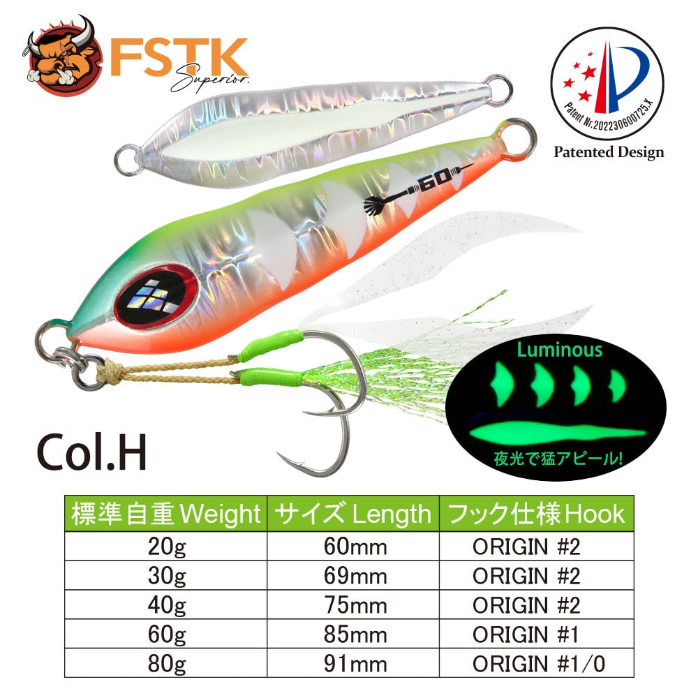 FSTK patent Sea fishing Slow pitch Jig 30g40g60g80g Grouper killer Metal Jigging Dart jig Spoon Artificial Bait Jig Fishing Lure