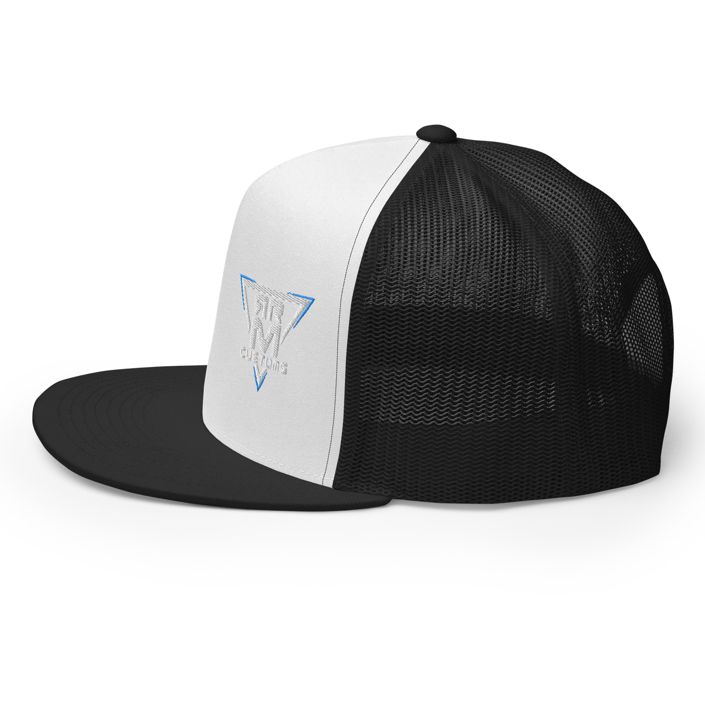 White Embroidered Flat Trucker Hat Meshed Back