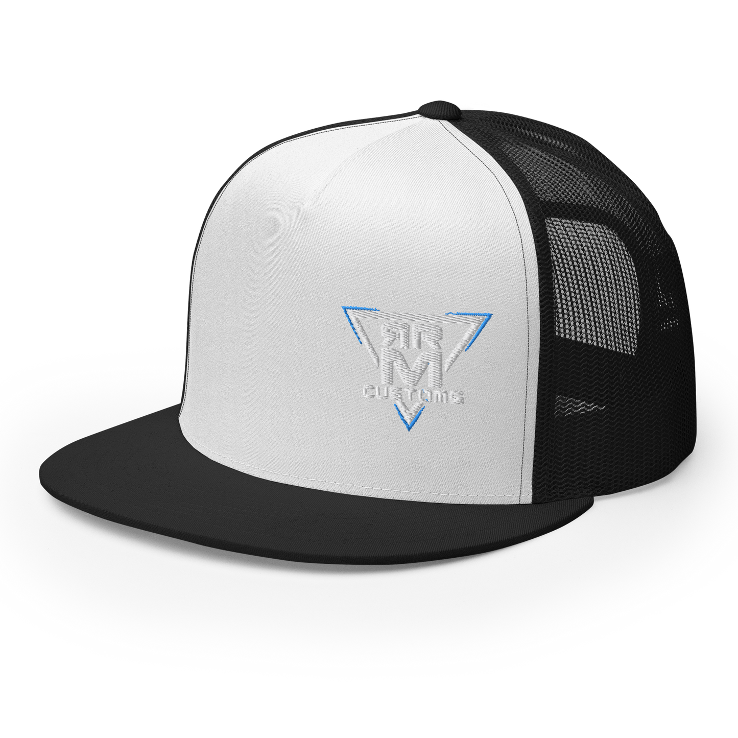 White Embroidered Flat Trucker Hat Meshed Back