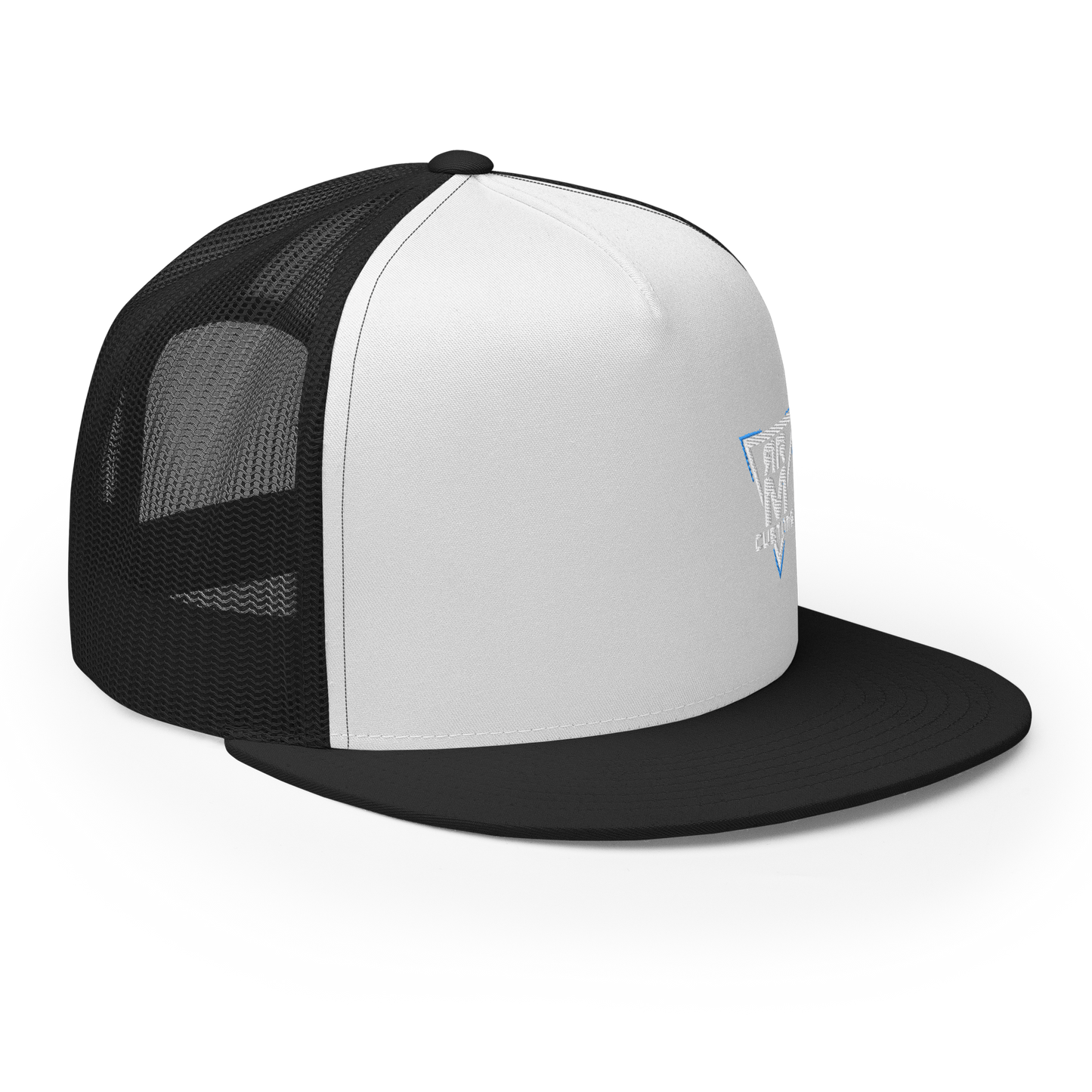 White Embroidered Flat Trucker Hat Meshed Back