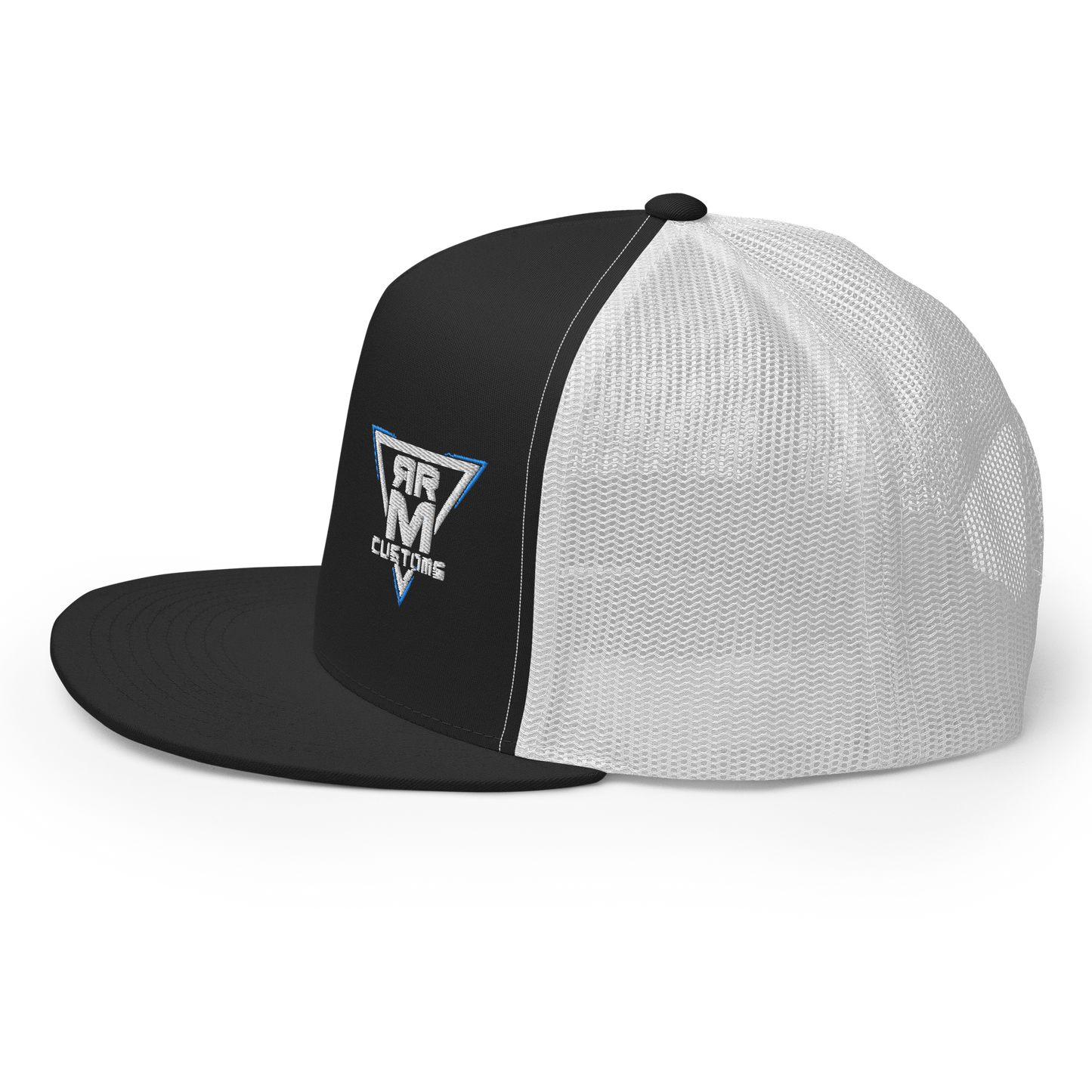 White Embroidered Flat Trucker Hat Meshed Back