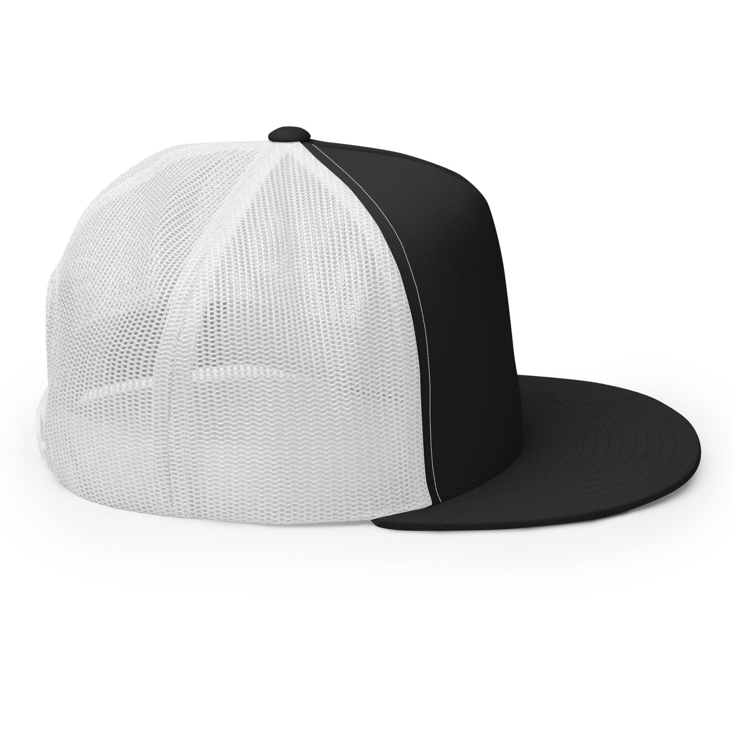 White Embroidered Flat Trucker Hat Meshed Back