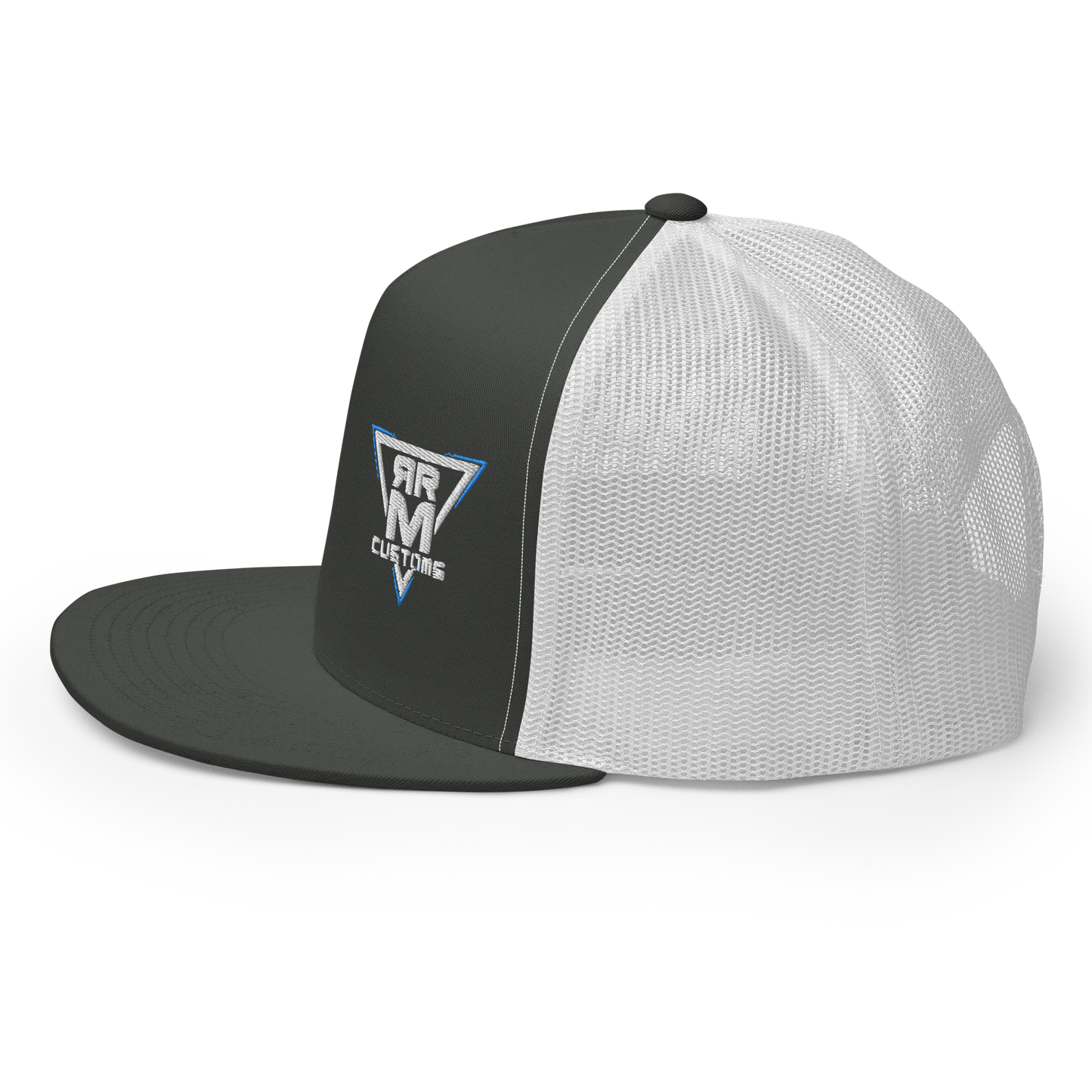 White Embroidered Flat Trucker Hat Meshed Back