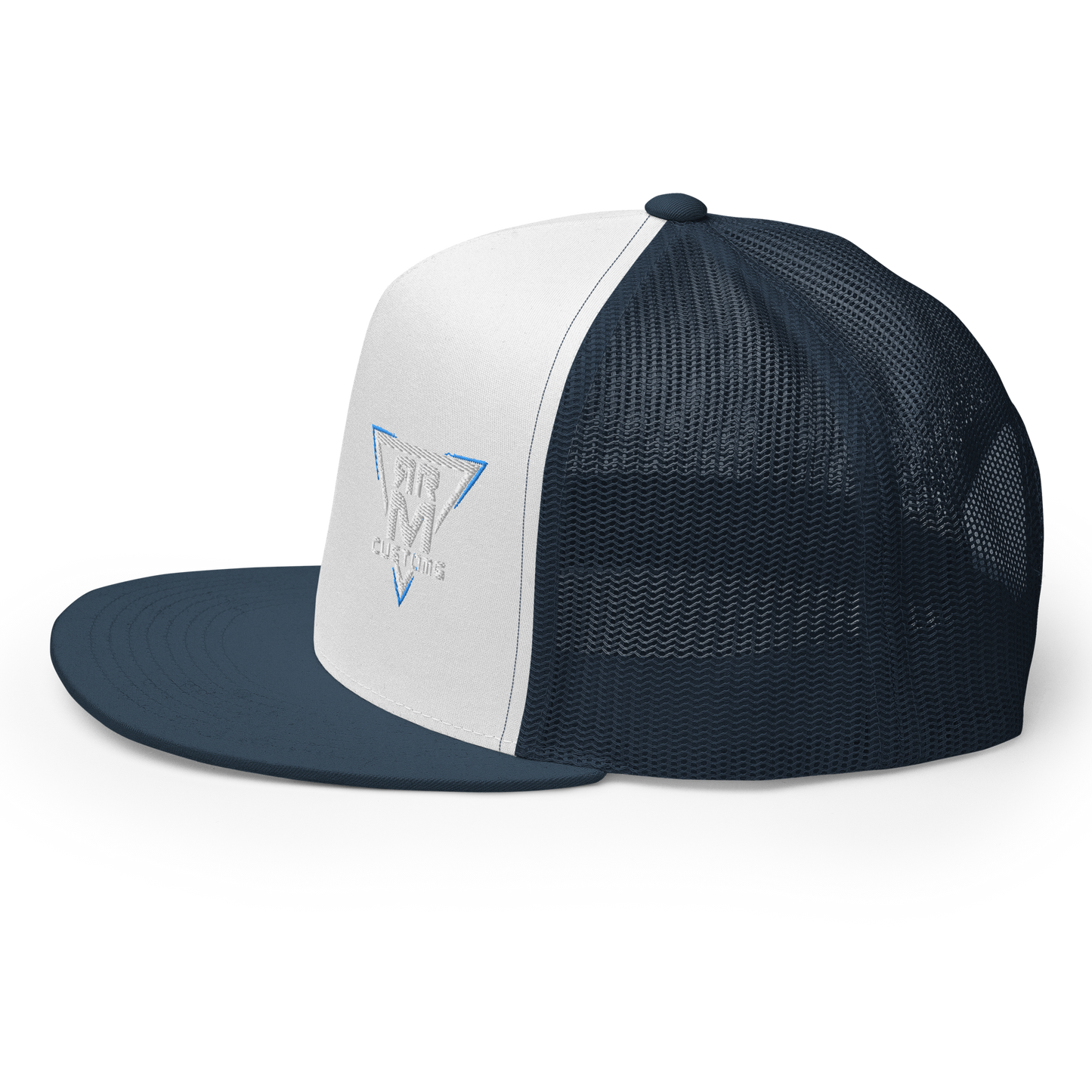 White Embroidered Flat Trucker Hat Meshed Back