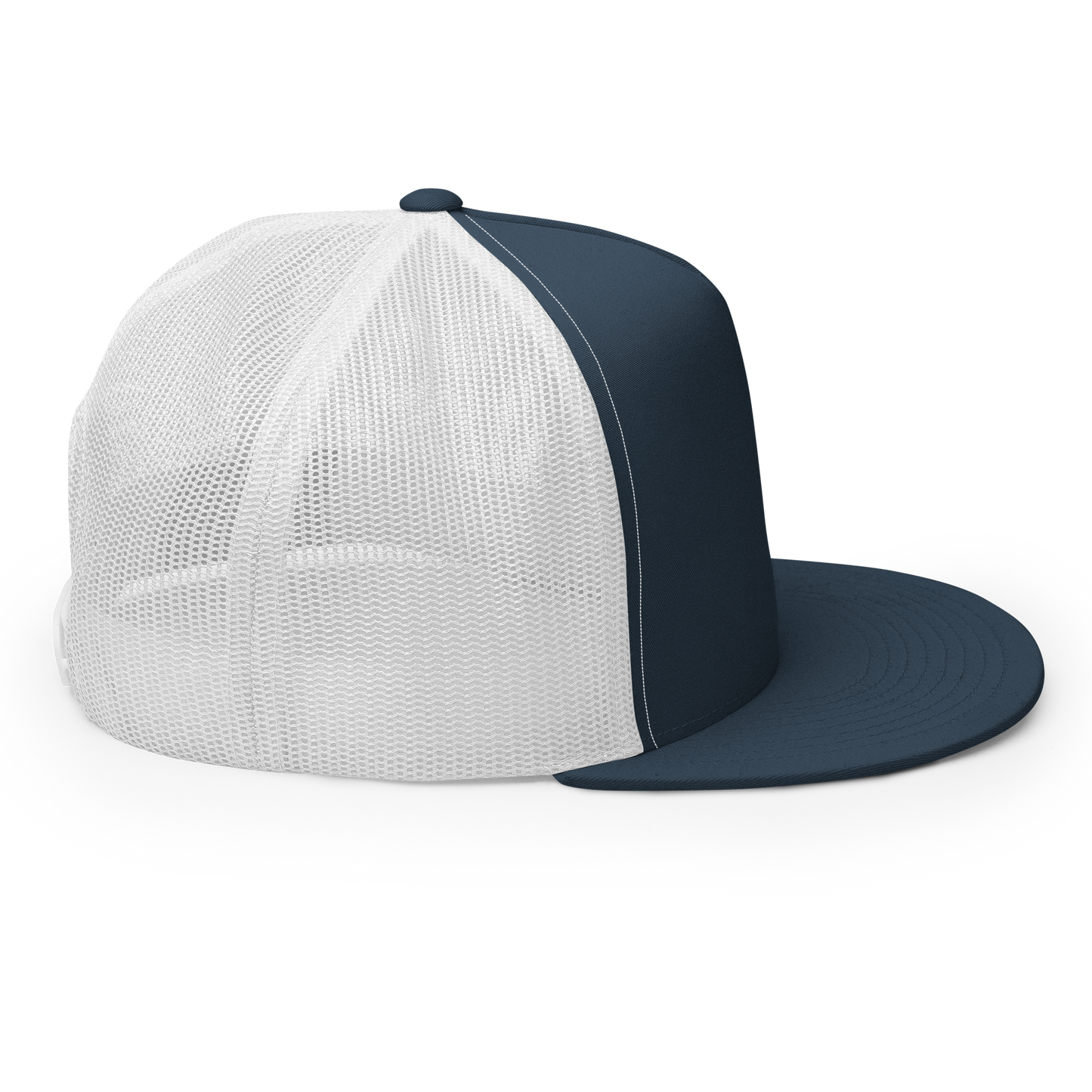 White Embroidered Flat Trucker Hat Meshed Back