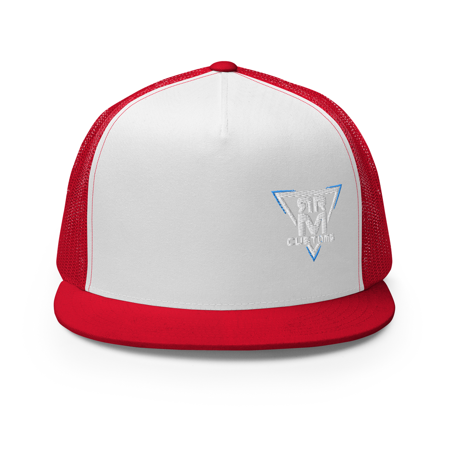 White Embroidered Flat Trucker Hat Meshed Back