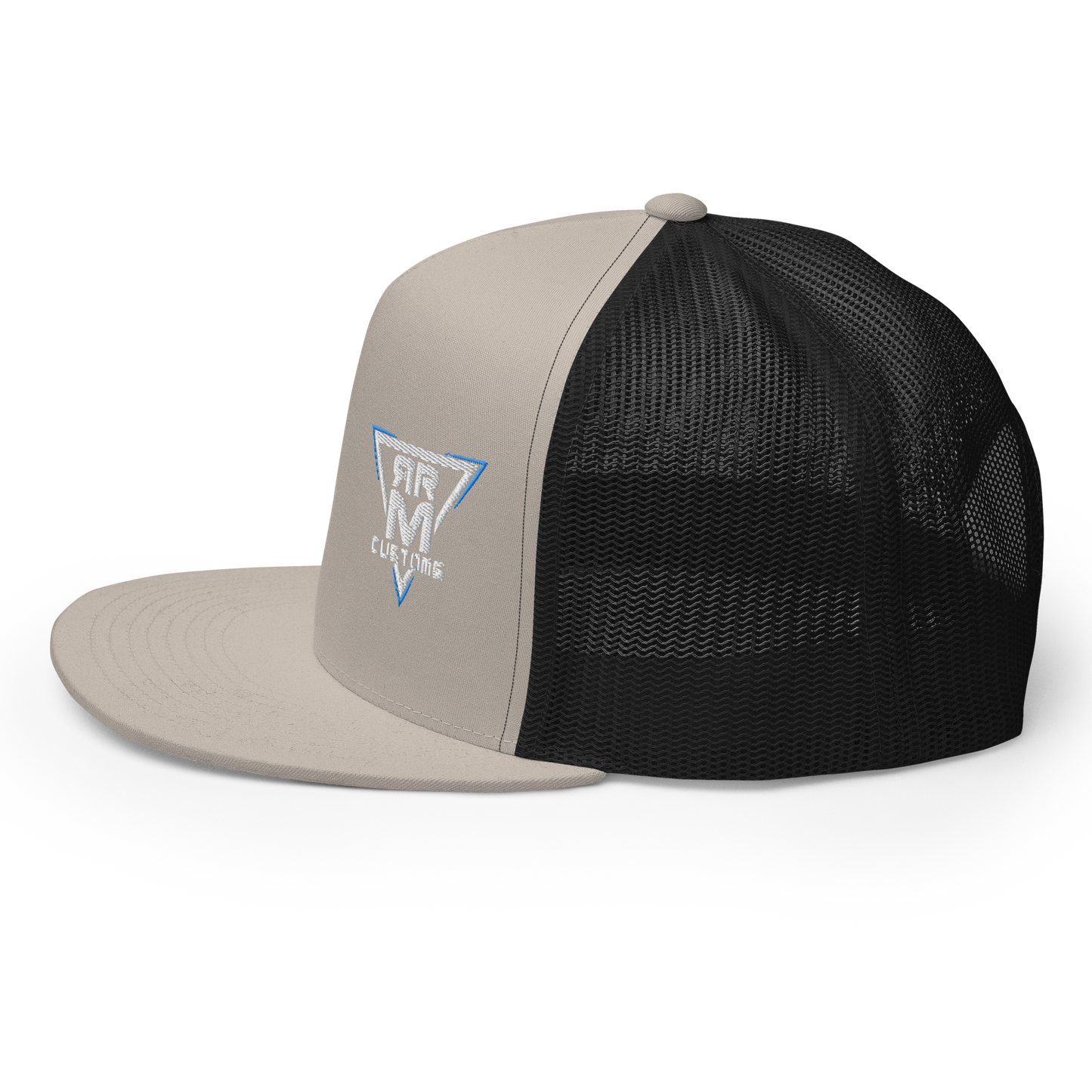 White Embroidered Flat Trucker Hat Meshed Back