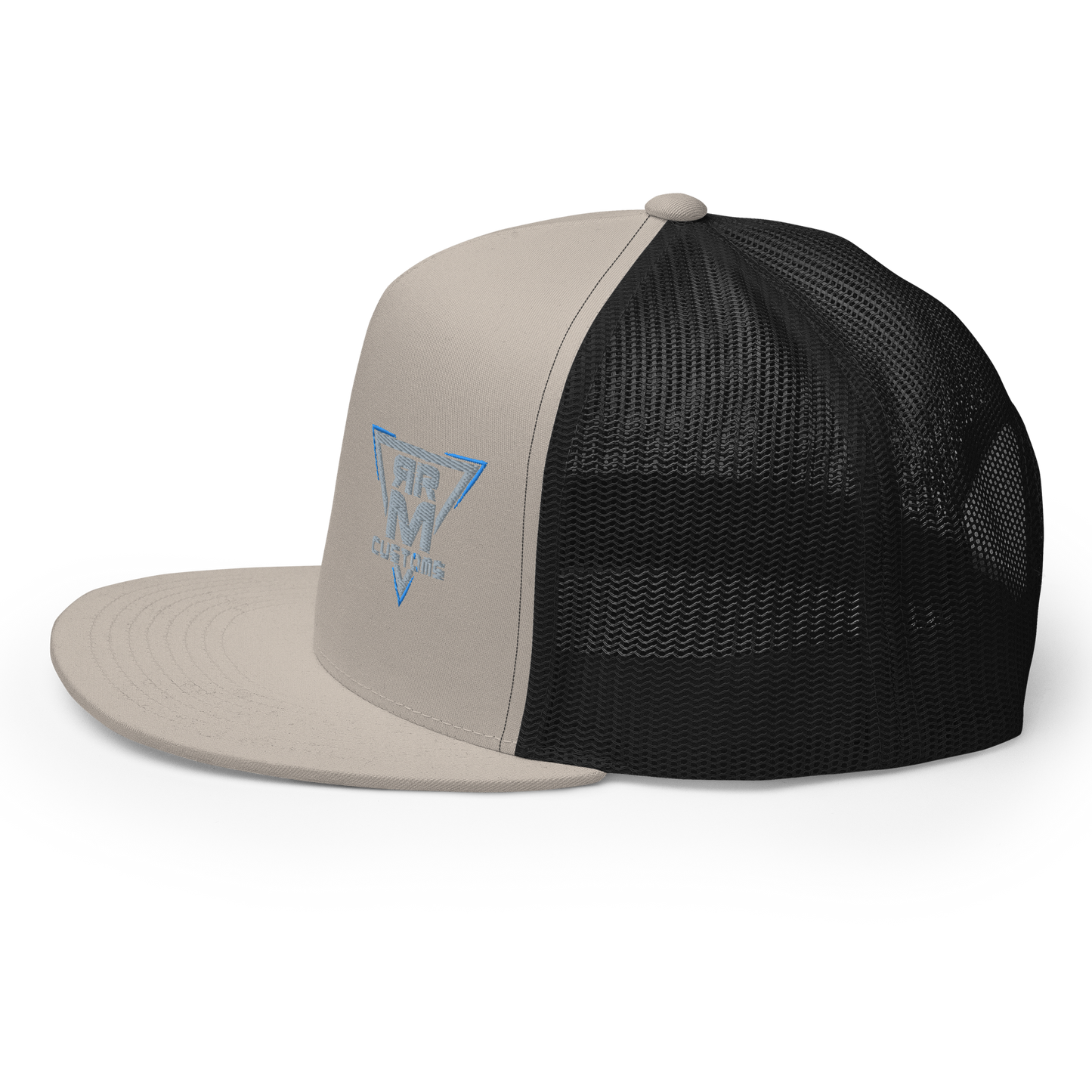 Gray Embroidered Flat Trucker Hat Meshed Back