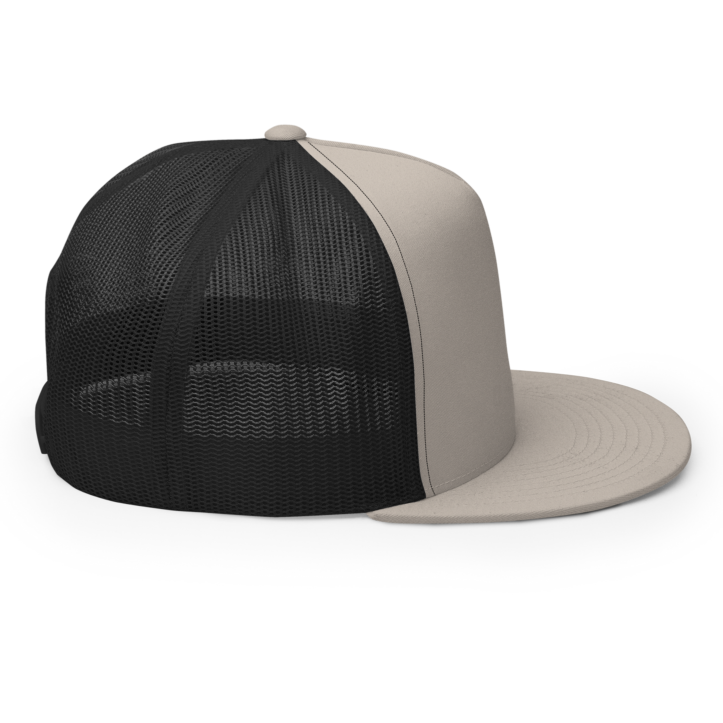 White Embroidered Flat Trucker Hat Meshed Back