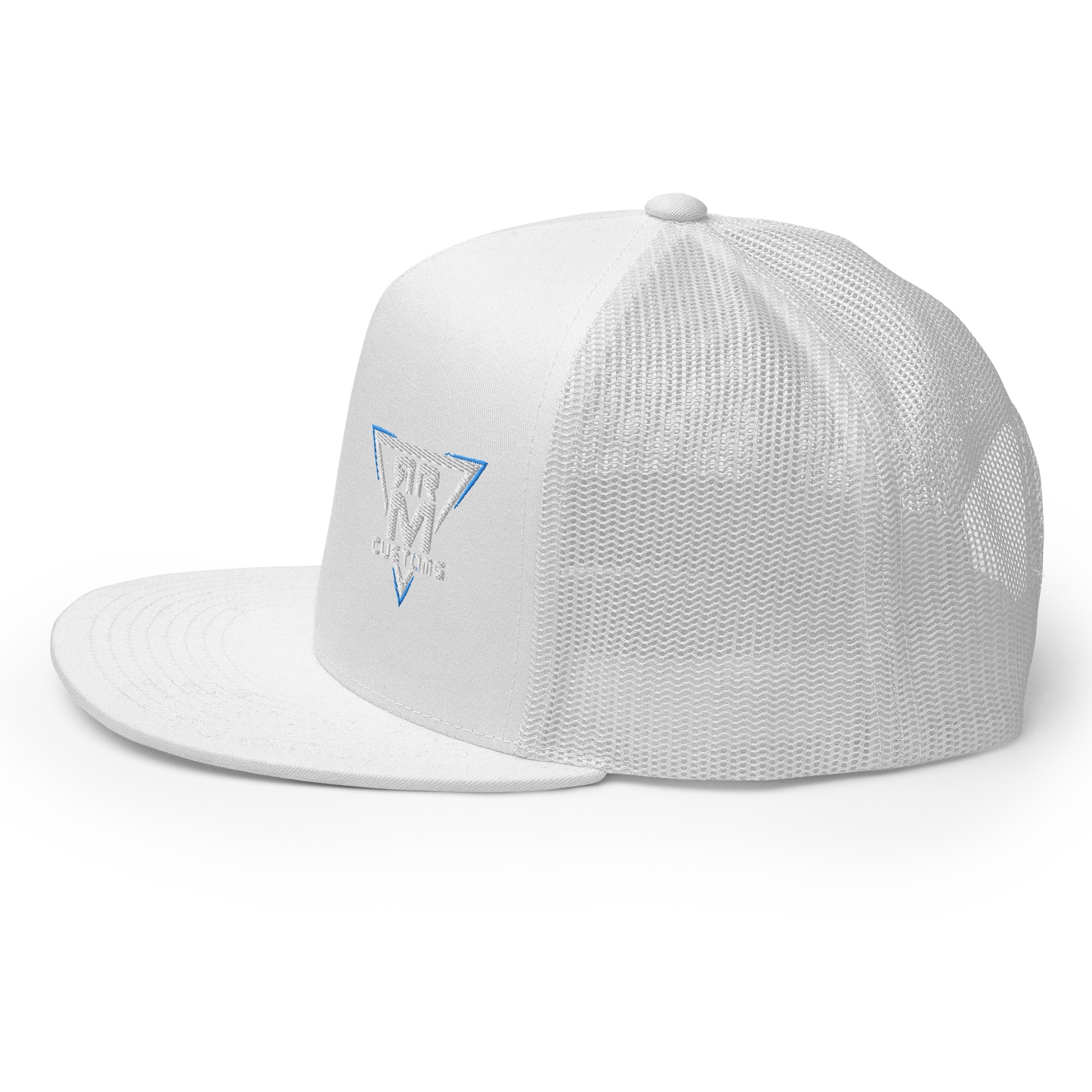 White Embroidered Flat Trucker Hat Meshed Back