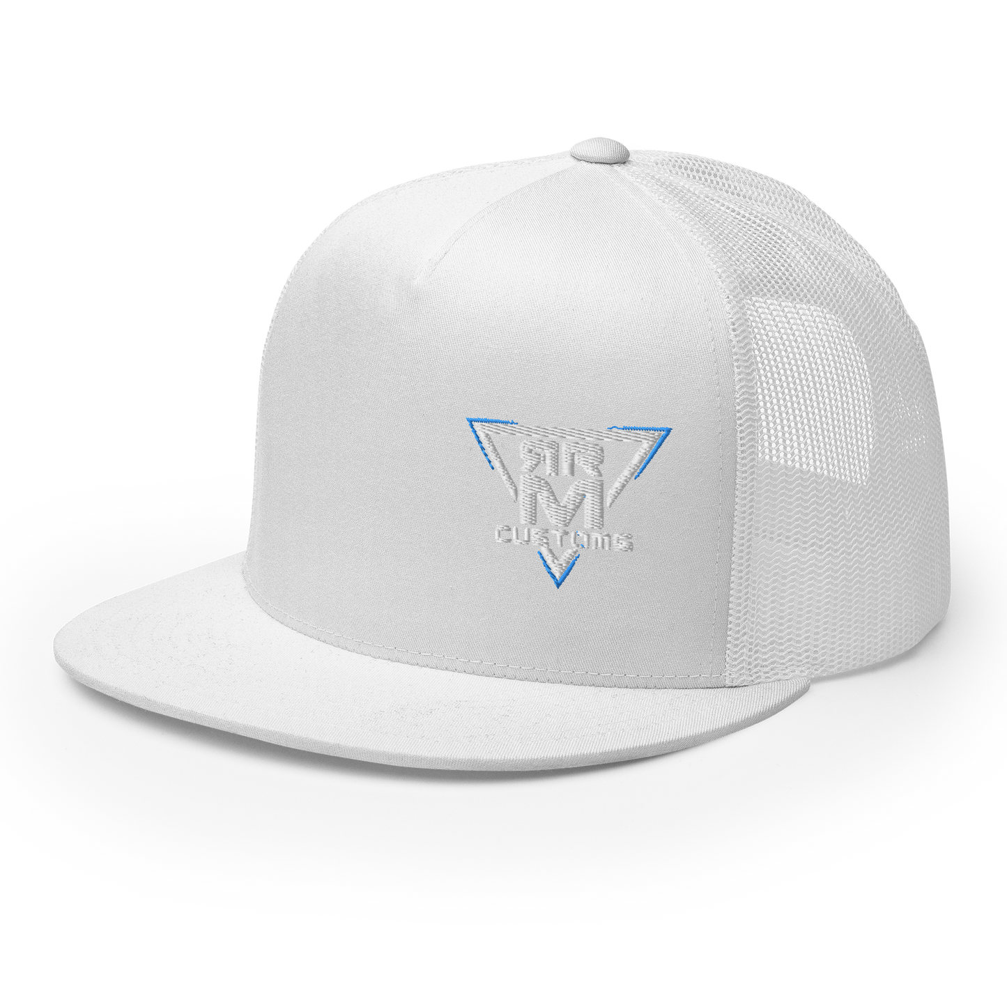 White Embroidered Flat Trucker Hat Meshed Back