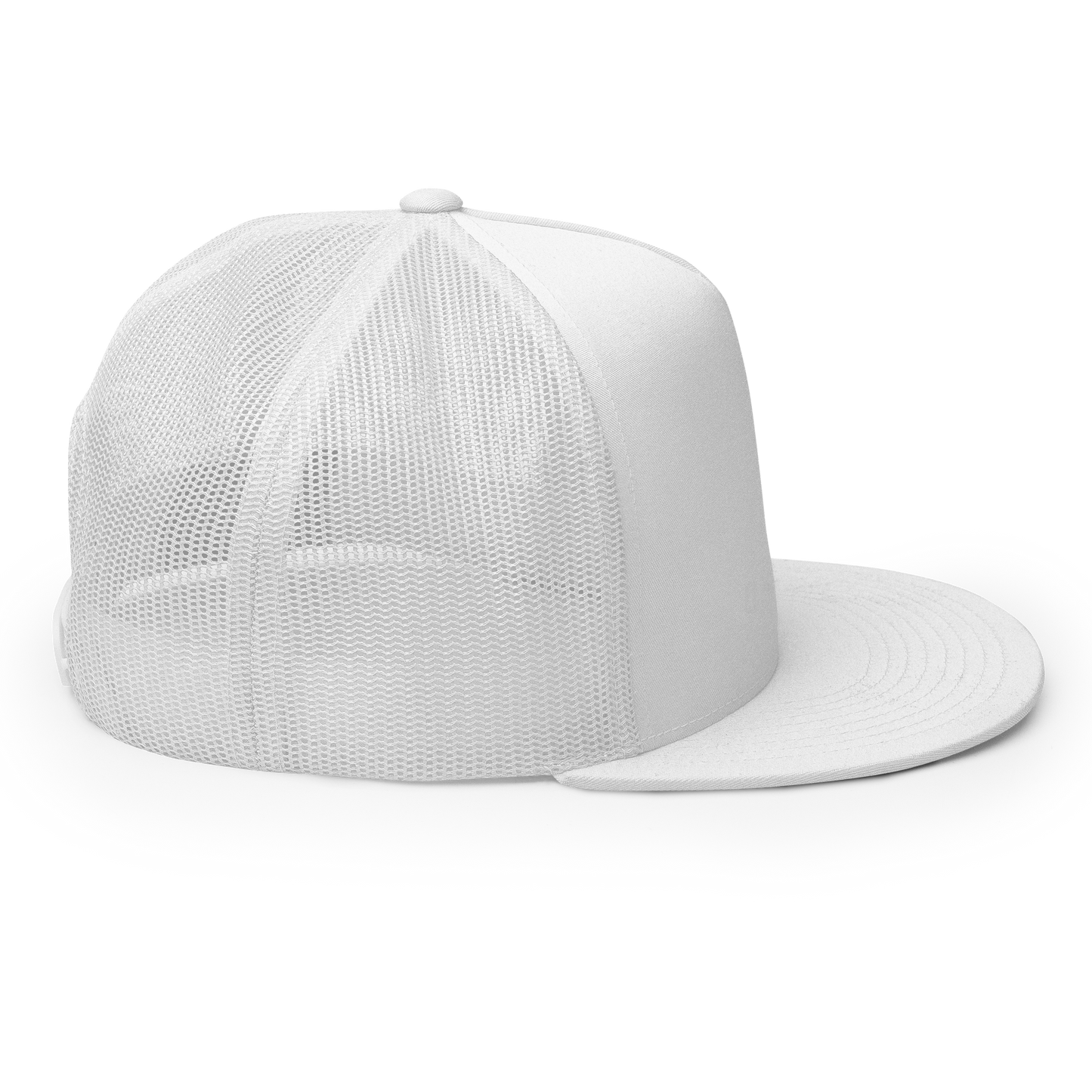 White Embroidered Flat Trucker Hat Meshed Back