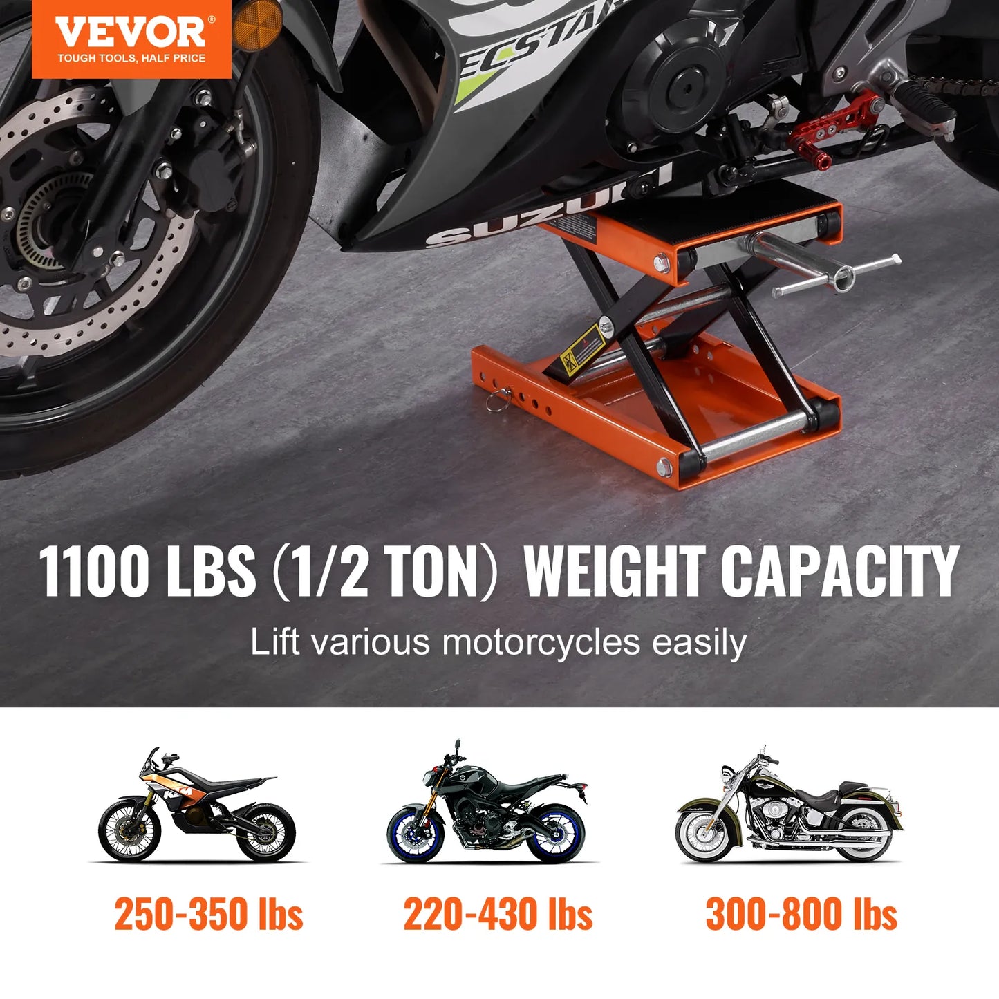 VEVOR Motorcycle Lift 350/1100/1500 LBS Capacity Motorcycle Scissor Lift Jack with Wide Deck & Safety Pin for Bikes Motorcycles