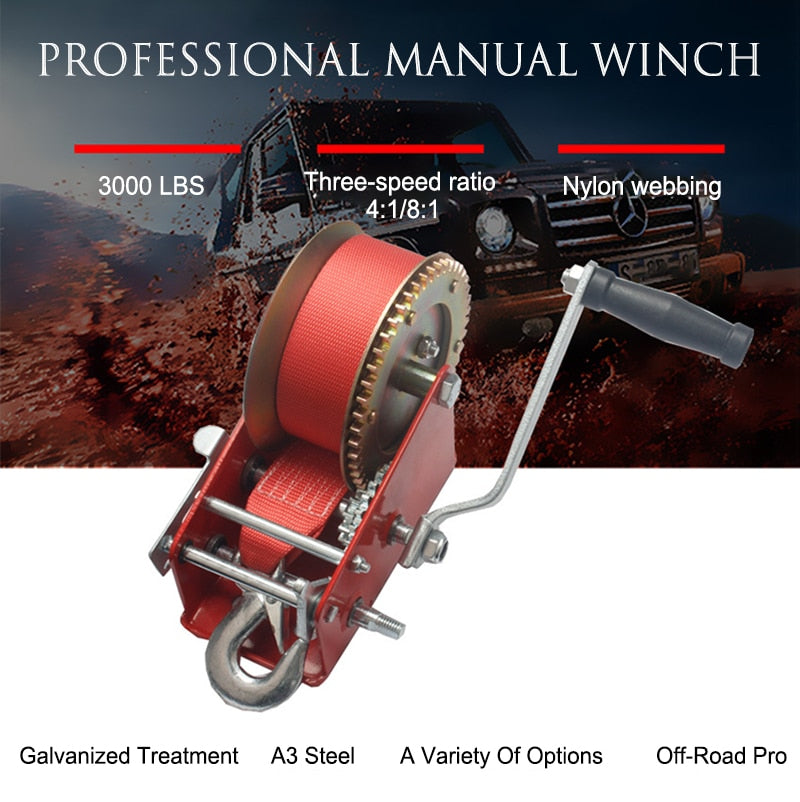 3000 LBS Manual Winch Nylon Webbing Winch Portable Vehicle-mounted Manual Winch Cargo Handling Car Rescue Manual Winch Tools