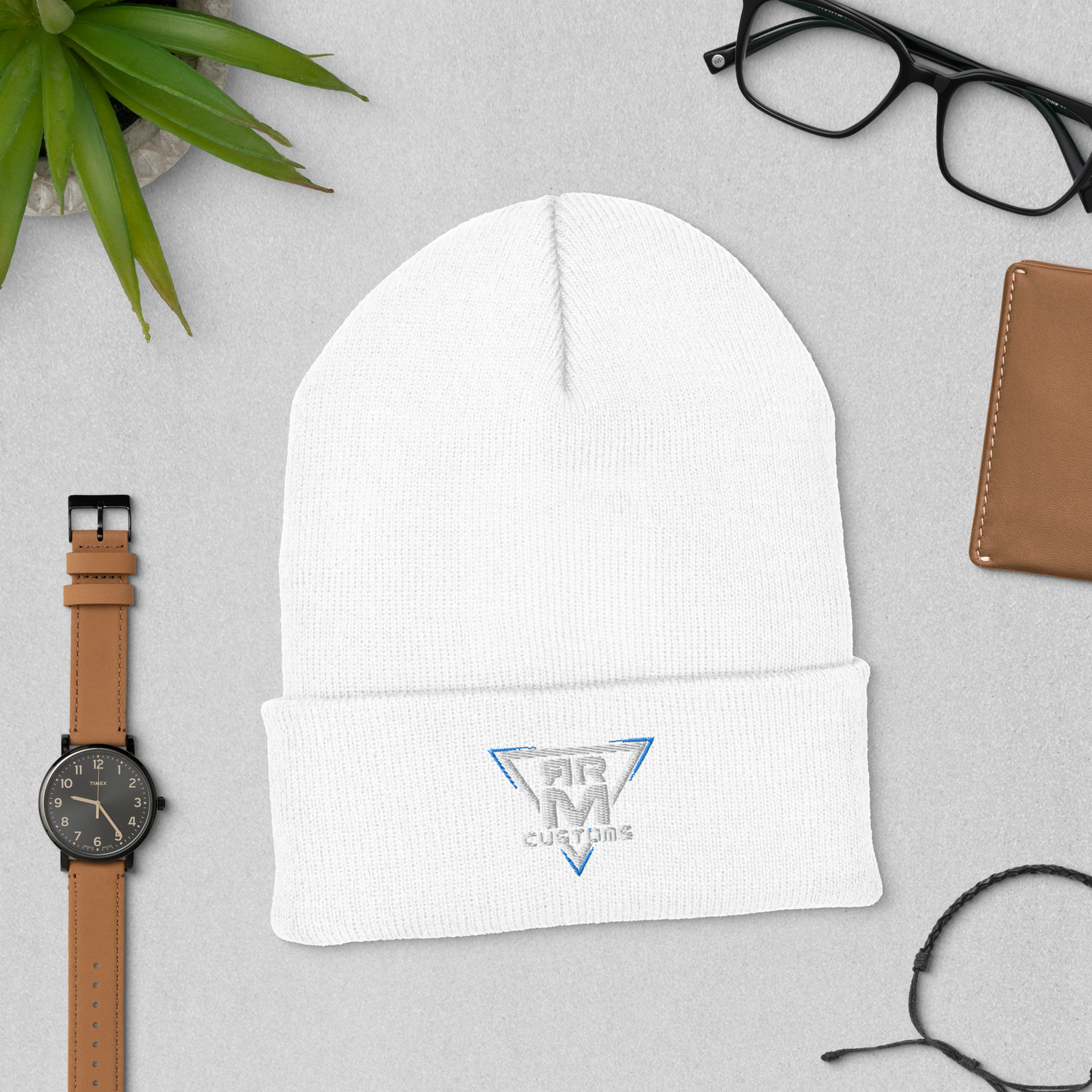 White Embroidered Cuffed Beanie