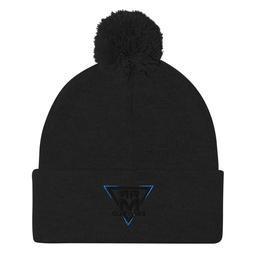 Black Embroidered Pom-Pom Beanie