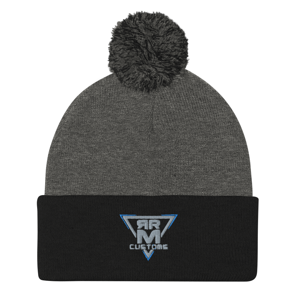 Gray Embroidered Pom-Pom Beanie