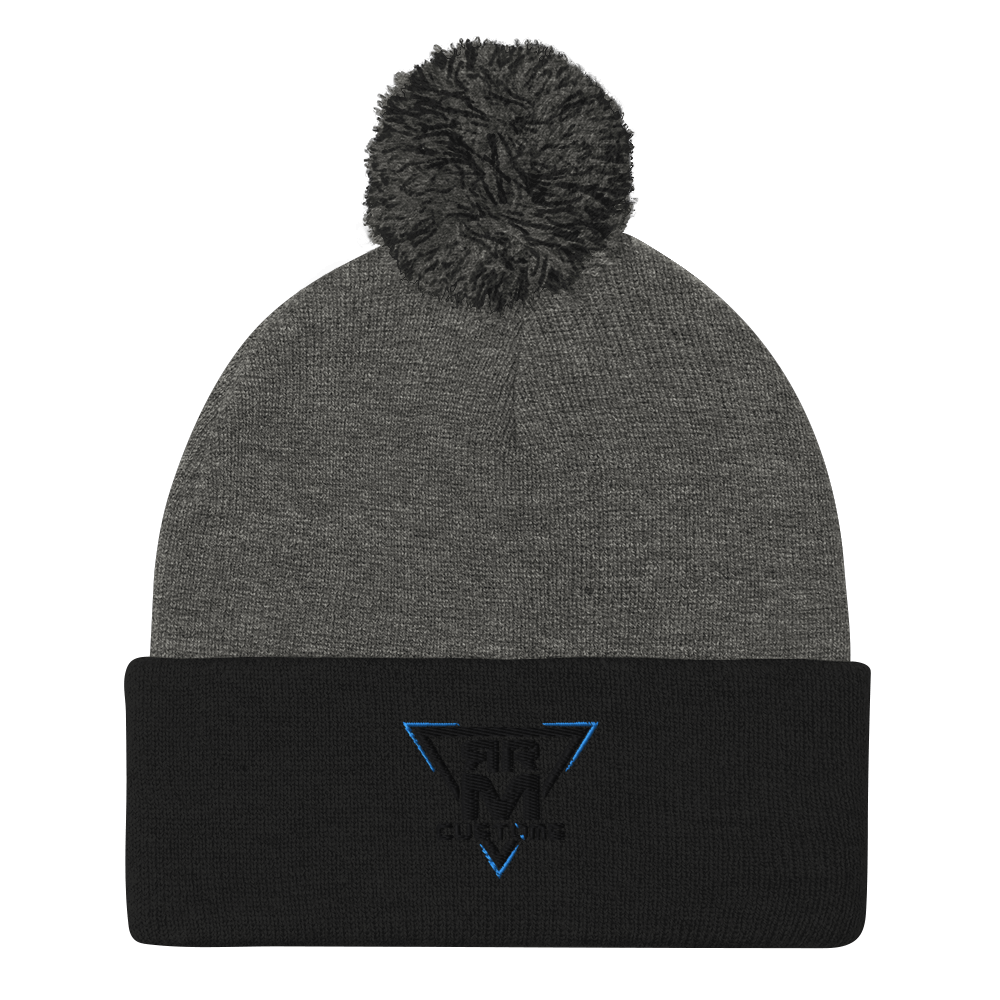 Black Embroidered Pom-Pom Beanie