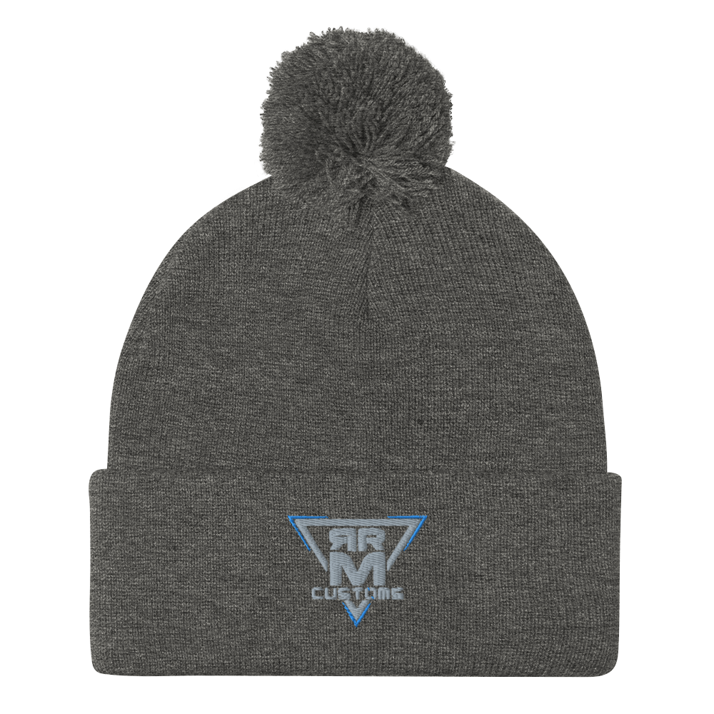 Gray Embroidered Pom-Pom Beanie