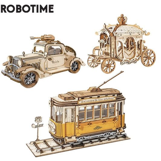 Robotime 3 Kinds DIY 3D Transportation Wooden Model Building Kits Vintage Car Tramcar Carriage Toy Gift for Children Adult