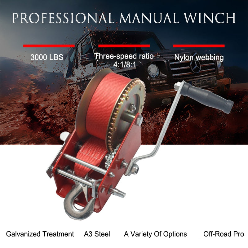 3000 LBS Manual Winch Nylon Webbing Winch Portable Vehicle-mounted Manual Winch Cargo Handling Car Rescue Manual Winch Tools